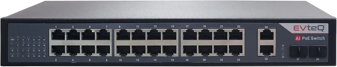 EVteQ 24-Port Gigabit PoE Switch with 2 Uplink Ports & 2 SFP Slots | IEEE 802.3af/at | AI Watchdog | Extend Mode | 6KV Lightning Protection | Metal Bo