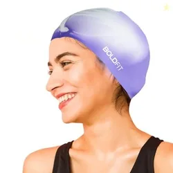 Boldfit Swimming Cap for Men Silicone, for Women Unisex for Kids Boys & Girls, for Women Long Hair Head Cap Men Silicone Fabric, Easy Fit - WhitePurpl