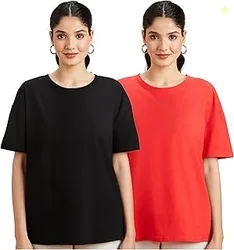 Women Cotton Stretch Oversized Fit Round Neck Half Sleeve T-Shirt (Available in Plus Sizes)