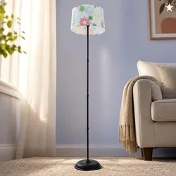 tu casa Black Iron Floor Lamp Flower Print Fabric Shade Bedroom 57 Inch