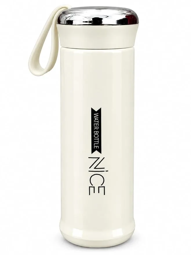 NICE Water Bottle with Glass Inner, 400 ml, Cream Insulated Flask, Screw-Top Lid, Portable Design, Leak-Proof, Travel Friendly