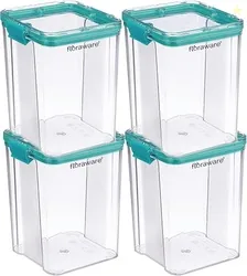 Floraware Food Safe Modular Plastic Square Airtight Containers, Stackable container, Storage Jar with Lid, Pack of 4, 1200ml, Blue