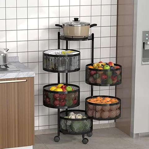 Storage Rack | 360 Revolving Vegetable Kitchen Rack | Round Multipurpose Storage Trolley with Wheels | Metal Fruit Storage Rack | Kitchen Cabinet Spi