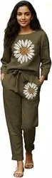 White Button new Girls sunflower Daisy Print Flax Cotton Co-ord Set - Breathable Summer 2-Piece Outfit