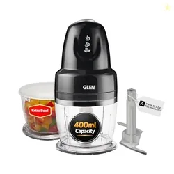 Glen Electric Chopper for Kitchen, 400ml Bowl, 250W Mini Fruit & Vegetable Cutter with Rust-Resistant Stainless Steel Blades, Extra Bowl, Whisker Disc