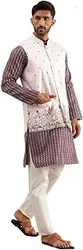 Men's Silk Blend Wine Kurta & White Pyjama With Daman Embroidered Nehru Jacket
