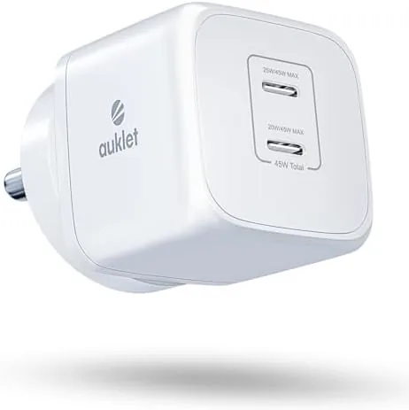 Auklet 45W GaN Fast Wall Charger, with PD & PPS Support, USB 2C, 1A Port, BIS Certified,Compatible with All iPhones, iPads, Samsung Galaxy, Smartwatch