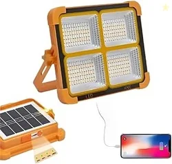 Solar Rechargeable LED Flood Light, Portable Camping Work Light with Solar Panel & USB Charging, 5 Lighting Modes, Adjustable Stand , Fishing, Hiking,
