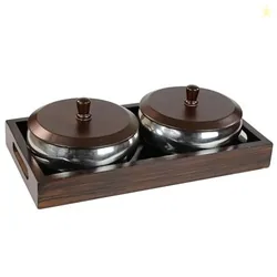 PEARLPET Hazel Stainless Steel 2 Bowls Set(500ml) with Wooden Serving Tray & 2 Wooden Finish Lids, Gift Set, Dryfruit Jar, Brown Color