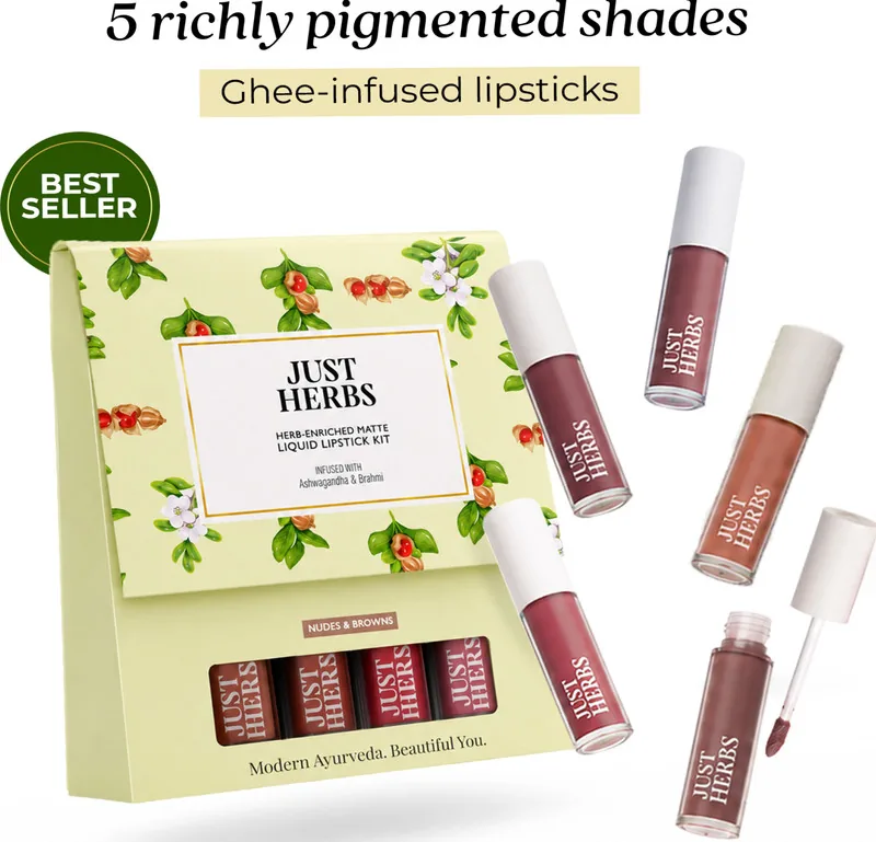 Just Herbs Enriched Liquid Lipstick Kit Set of 5 Nude (Brown, 4.5 ml)