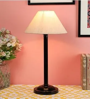 Modern Bedside Table Lamp with Off-White Cotton Shade and Black Metal Base | Decorative Bedroom Lamp for Home, Living Room, Study Table | Office Light