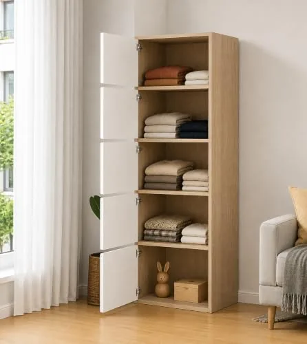EXVITO Modular Plastic Wardrobe for Bedroom | Foldable Cupboard with Hanging Rod | Stackable Storage Almirah for Clothes with Wheels | Multi-Layer Pla