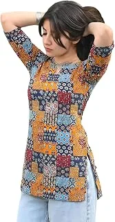 Pinkmint Women Printed Short Kurti Cotton Blend Tunic Top, Notch Neck & 3/4 Sleeves, Casual Ethnic Wear for Office, College & Daily Use, Stylish Regul