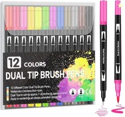 Corslet 12 Pcs Dual Tip Brush Pens Felt Tip Pen Set 12 Colors, Colouring Pens Art Markers for Kids and Adults, Colouring Book, Art Supplies Fineliner