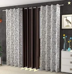 Kiara Creations Premium Floral Blossom (2 Printed + 1 Plain) Curtains for Long Door- 8 Feet (Pack of 3) Brown