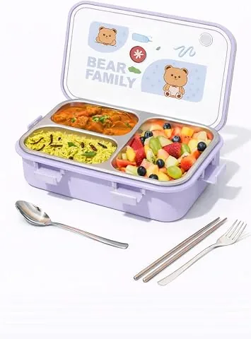 TEC TAVAKKAL Lunch Box 3 Compartment Leak Proof BPA Free Stainless Steel Bear Family Lunch Box for School and Office with a Fork, Spoon, Chopstick 750