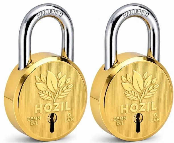 HOZIL 65MM Lotus Design | Hardened Shackle | Double Locking | 8 Levers (Pack of 2) Padlock Gold
