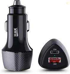 MAK Dual Port 51W Car Charger with 33W USB-C PD & 18W QC 3.0 Fast Charging, Compact Car Mobile Charger for iPhone, Android & Tablets (Black).