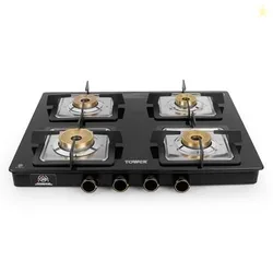 Tower Gas Stove 4 Burner Glass Brass Valves Lpg Black | 8mm toughened glass with brass valves, supports heavy-duty cookware, ergonomic metal knobs, 5-