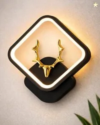 Homesake LED Wall Lamp for Living Room Bedroom, Modern Golden Deer Decorative Wall Light, Warm White Indoor Designer Home Decor Light, Stag Face, Squ