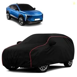 Sulfar 100% Water Resistant Car Body Cover Compatible with Mirror for Mahindra XEV 9e (Triple Stitched, Full Bottom Elastic, Black with Red Piping)