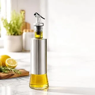 HomeWiz Glass Oil Dispenser for Kitchen 500ml - Stainless Steel Sleeve Bottle with Anti-Drip Spout & Flip Lever | Leak-Proof Pourer for Cooking Oil, O