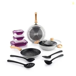 Aluminum 11 Pcs Non Stick Cookware Set with Induction Bottom | Tawa, Fry Pan, Kadhai with Lid, 4 Serving Spoons, 3 Containers | 4 Layer Non Stick Coat