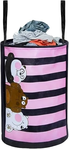 PrettyKrafts 45L Non Woven Panda Printed Round Foldable Large Laundry Bag/Basket with Handles, Freestanding Clothes Storage Organizer for Bedroom, Bat