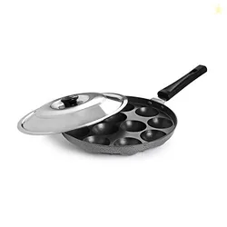 CELLO Aluminium Nonstick 12 Cavity Appam Patra Pan Maker with Steel Lid, Black | Single Bakelite Handle, Gas Stove Compatible Mini Die-Cast Uttappa Pa