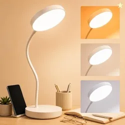 LED Desk Lamp with Touch Sensor On/Off, USB Rechargeable Study Light, 3 Brightness Modes, 360 Adjustable Arm, Phone Holder, Night Light for Students,