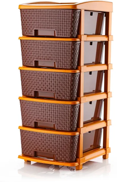PALAK 5 Plastic Modular Drawer System for Home, Office, Hospital, Parlor Plastic Free Standing Chest of Drawers Finish Color - Brown, Door Type- Hinge