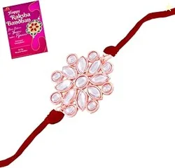 Rhodium Plated Rakshanbadhan Gifts Special Dazzling Kundan Elements Studded Alloy Rakhi Bracelet With Greeting Card For Dearest Bhai/Brother/Bhaiya/Ve