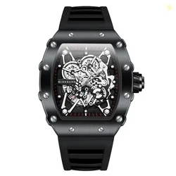 Analog Watch for Men - Skeleton-Style Dial | Brushed Steel Case with Silicone Strap