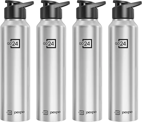 Go24 pexpo Water Bottle 1 ltr Go24 Stainless Steel Sports/Fridge Bottle with Sipper Cap (Pack of 4)| Single Wall | For Home, Office, Gym, Travelling |
