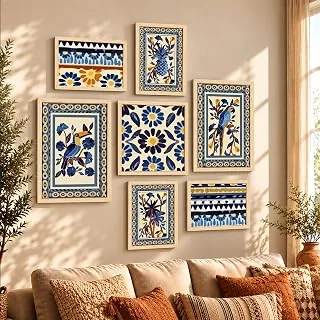 PAINTINGMANTRA Set of 7 Indian Wall Art Prints of Blue Birds with Flower Ritual theme Framed Vintage Poster for Home, Living room, Bathroom & Hotel De