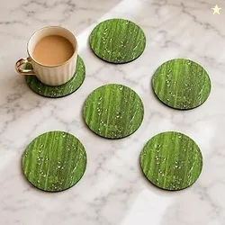 GKD Coaster Set of 6 Natural Wooden Green Bamboo Style Coasters with Beautiful Water Droplets Design Coaster Stand Coaster Set Fit for All Cups Mugs G