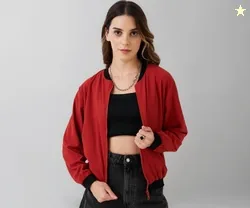 9 Impression Women's Bomber Jacket, Maroon with Black Contrast, Poly Crepe, Ribbed Neck and Cuffs, Side Pockets, Oversized Style Jackets