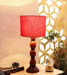 tu casa Red Cotton Shade with Brown Mango Wood Base Table Lamp | Elegant Bedside & Desk Lamp for Bedroom, Living Room, Office, Home Dcor & Gifting (H