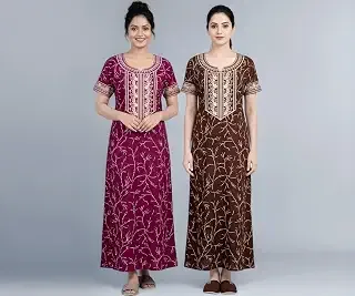 Embroidery Nighty for Women Pure Cotton Combo Pack of 2 | Free Size Gown for Women Cotton Nighties for Women Stylish Night Dress | Maxi Sleepwear Maro