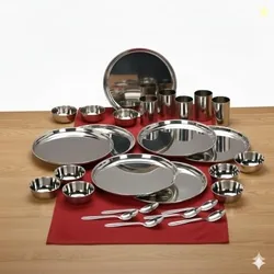 E - Ezra 36 Pieces Stainless Steel Dinnerware/Dinner Set - 6 Thali, 6 D.Plate, 12 Bowl, 6 Glass, 6 Spoon, Kitchen Set for Home &amp; Restaurants, Fami