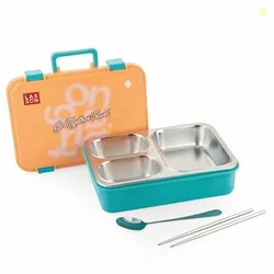 ATTRO Fun Bite Stainless Steel Lunch Box  3 Compartment Bento Tiffin, Leak-Proof & Durable, Ideal for Kids & Adults, School, Office, Travel, Meal Pre