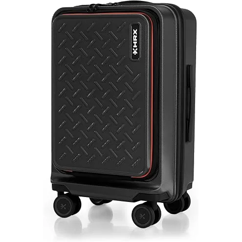 HRX Transit Cabin Size Black Polycarbonate Hard Shell Suitcase with Front Laptop Compartment - Premium Travel Trolley Bag with 8 Spinner Wheels, Numbe