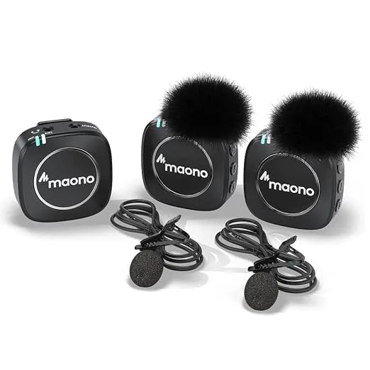 MAONO Compact Wireless Lavalier Microphone, 2.4GHz Dual Lapel Mics with Real-time Monitoring, Gain Adjustment and Mute for Interview, Vlogging, Live S