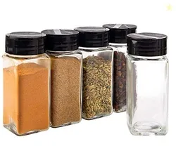 Vasukie Salt &amp; Pepper Square Glass Spice Jar with Black Sifter Two Sided Sifter Cap,Masala jar Spice Container (Each Bottle 120ml) (4 Piece)