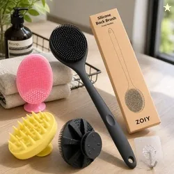4-in-1 Silicone Bath Brush Set  Long Handle Back Scrubber, Body Exfoliating Shower Brush, Scalp &amp; Face Massager, BPA-Free Soft Silicone Bath Brus