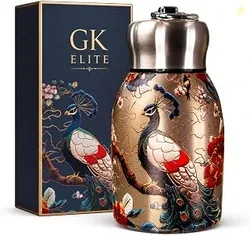 Mini Stainless Steel Insulated Water Bottle 300 ml, Double Wall Vacuum Thermal Flask, Leak-Proof Travel Bottle with Peacock Print Design, Portable Hot