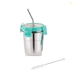Stainless Steel Fusion Glass Tumbler with Stainless Steel Metal Straws and Cleaning Brush with Steel Lid (SIP Easy 250ML)