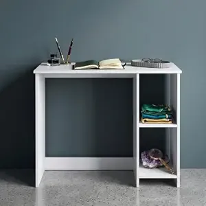Luna Compact Study Table & Vanity Desk with 2-Tier Side Shelves - Modern Space-Saving Workstation for Bedroom | Premium Engineered Wood Frosty White (80 x 40 x 75 cm)