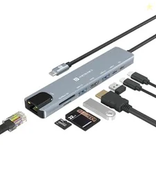Portronics Mport 8 USB-C USB Hub/Docking Station(8-in-1) with 4K 30Hz HDMI, 100 Mbps Ethernet, USB 3.0, microSD/SD Card Reader, Type-C Data, PD Chargi