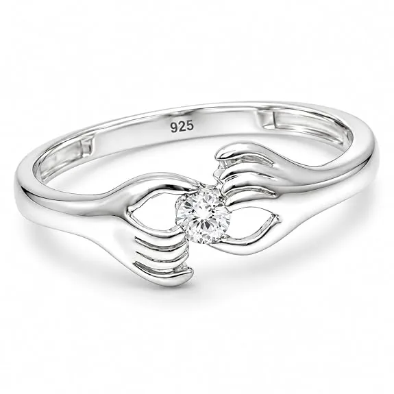 KYAT 925 Sterling Silver Hugging Hands Ring for Women | Round CZ Stone Holding Hands Finger Ring | Elegant Love Symbol Fine Jewellery for Daily Wear,